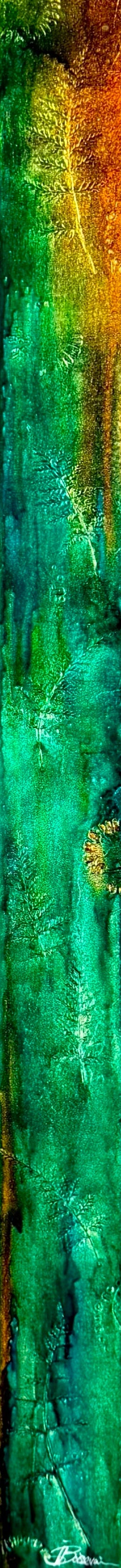 A tall, narrow vertical artwork featuring an abstract textured design with a gradient of green, teal, and orange, framed by black bars on the left and right.