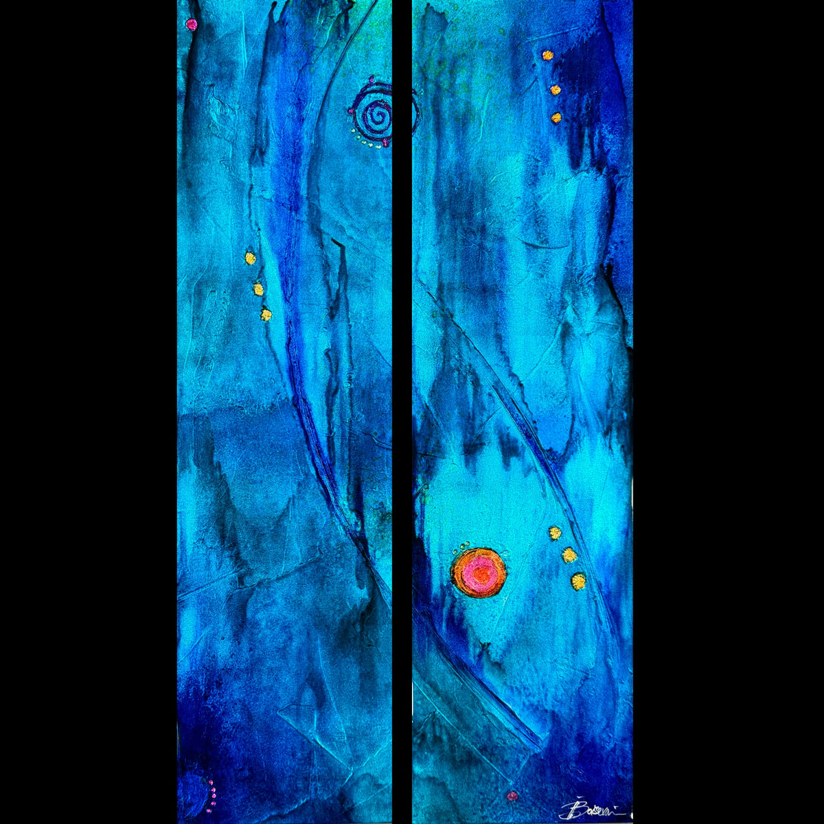 A two-panel abstract artwork featuring vibrant blue and turquoise watercolor textures with small orange circular and dotted accents, presented against a black background.