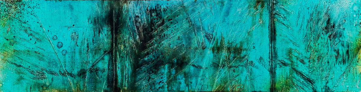 Abstract textured painting featuring a vibrant turquoise and teal background with vertical dark brown and black brushstrokes, organic splatters, and fine gold metallic lines.