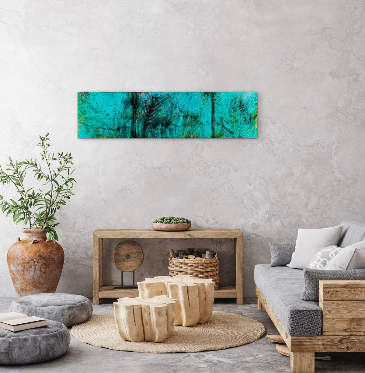 A horizontal canvas wall art print featuring a vibrant turquoise and teal forest scene, displayed in a modern, neutral-toned living room setting above a wooden console table.