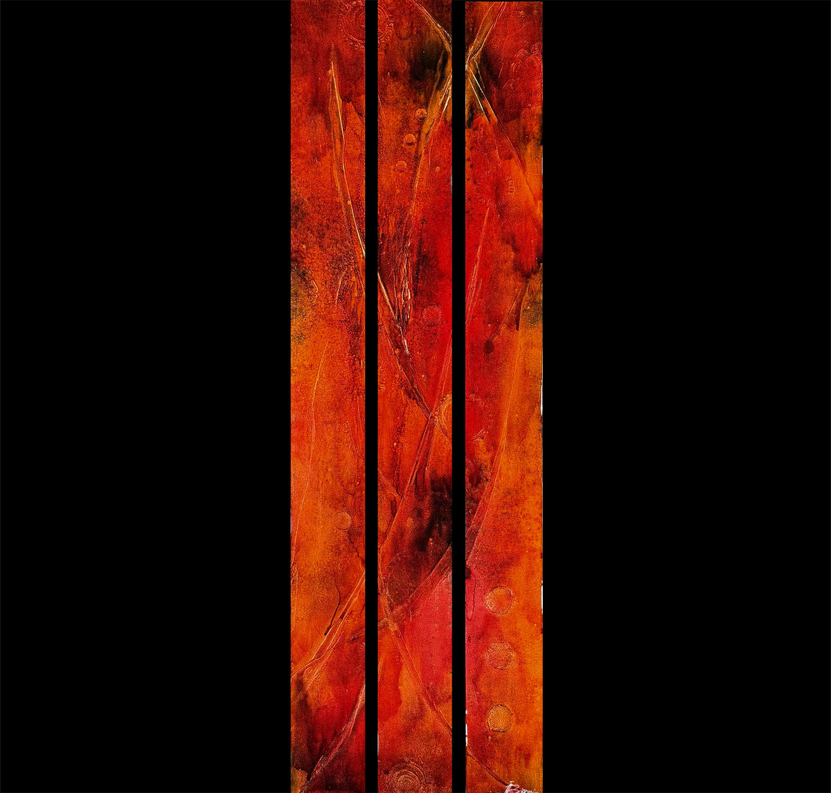 Abstract vertical artwork composed of three narrow panels in warm orange, red, and brown tones with textured brushstrokes and thin diagonal lines, set against a black surround.